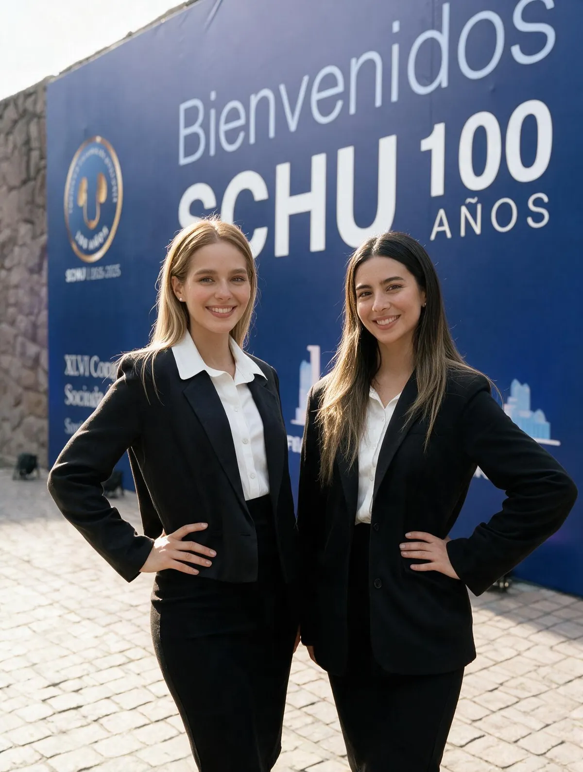 Dos anfitrionas de acreditación frente a señalética SCHU 100 años en Vitacura.