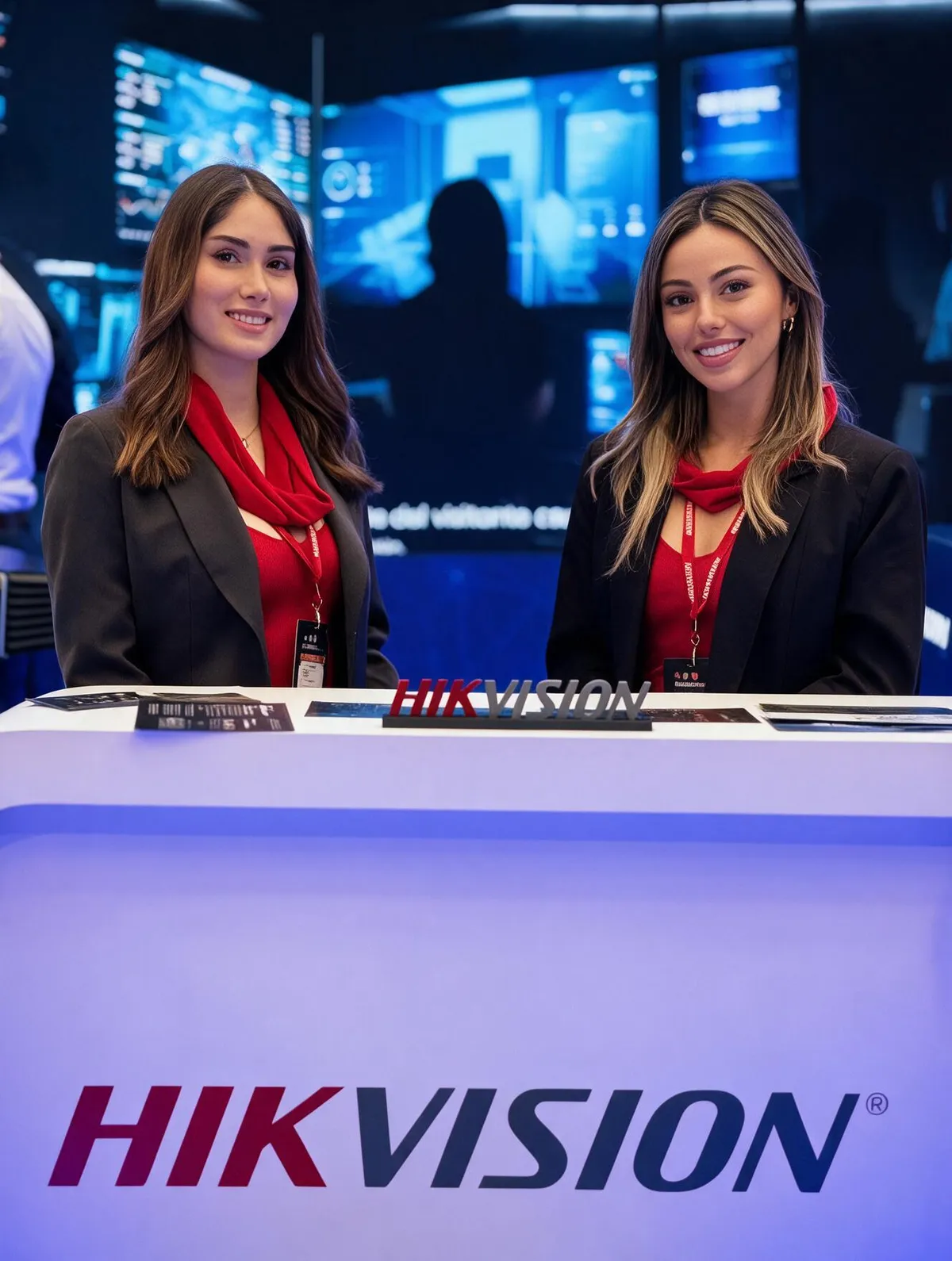 Dos anfitrionas con vestuario rojo en el stand de Hikvision en SeguridadExpo.