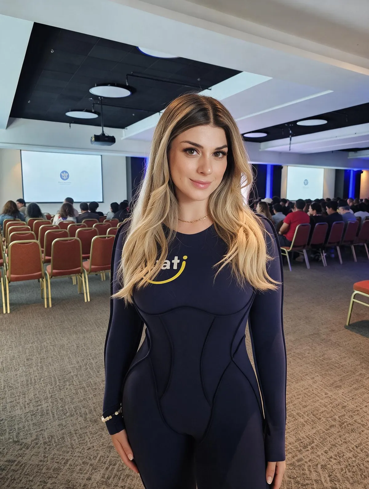 Anfitriona en sala de seminario Aasati 2026 en Las Condes, Santiago.